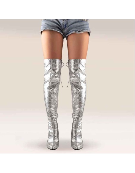 Pointed Toe Metallic Silver Thigh High Bootie