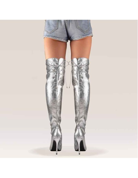 Pointed Toe Metallic Silver Thigh High Bootie