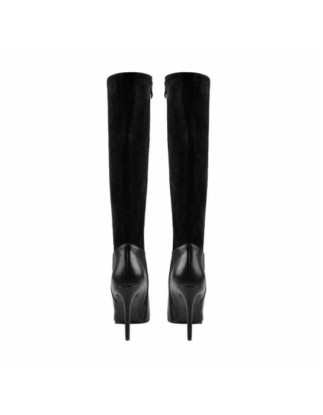 Suede Patchwork Pointed Toe Stiletto Side Zip Wide High Boots