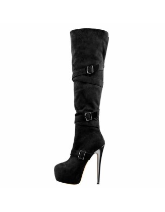 Black Suede Platform Buckle Stiletto Over The Knee High Boots