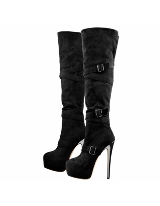 Black Suede Platform Buckle Stiletto Over The Knee High Boots