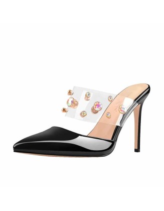 Pointed Toe Slip-On Black Patent Leather Rhinestone Straps Pumps Mules
