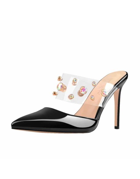 Pointed Toe Slip-On Black Patent Leather Rhinestone Straps Pumps Mules