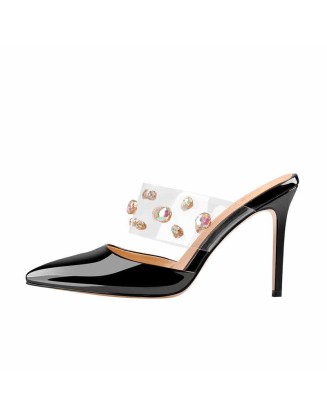 Pointed Toe Slip-On Black Patent Leather Rhinestone Straps Pumps Mules