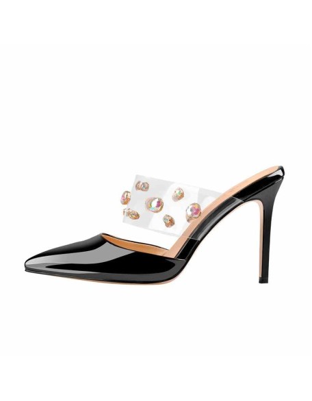 Pointed Toe Slip-On Black Patent Leather Rhinestone Straps Pumps Mules