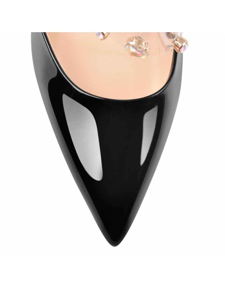 Pointed Toe Slip-On Black Patent Leather Rhinestone Straps Pumps Mules