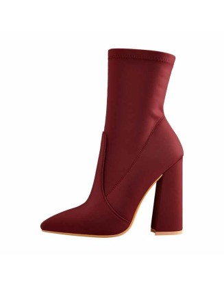 Pointed Toe Minimalistic Stretch Chunky Block High Heels Red Ankle Booties