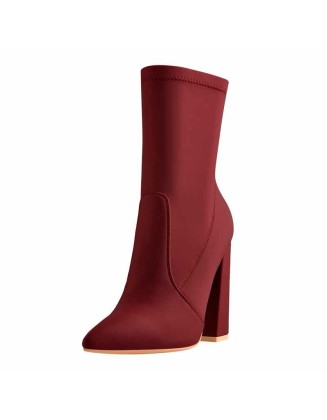 Pointed Toe Minimalistic Stretch Chunky Block High Heels Red Ankle Booties