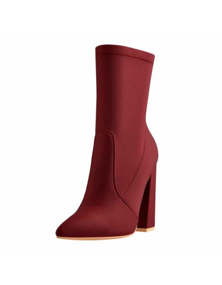 Pointed Toe Minimalistic Stretch Chunky Block High Heels Red Ankle Booties