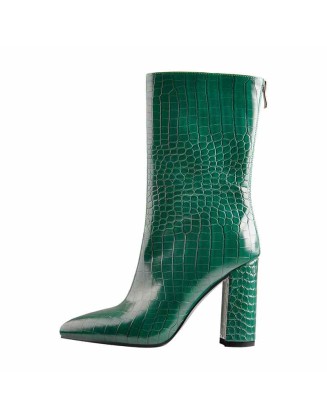 Pointed Toe Stone Pattern Chunky High Heels Darkseagreen Ankle Boots
