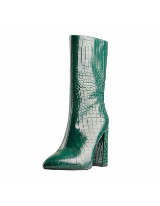Pointed Toe Stone Pattern Chunky High Heels Darkseagreen Ankle Boots