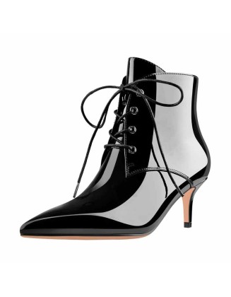 Patent Leather Pointed Toe Lace-up Kitten Low Heel Booties