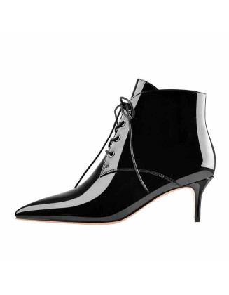 Patent Leather Pointed Toe Lace-up Kitten Low Heel Booties