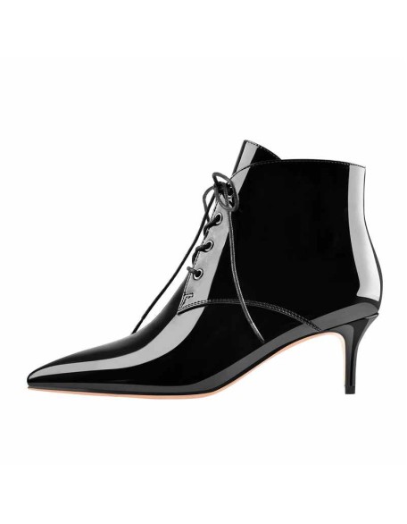 Patent Leather Pointed Toe Lace-up Kitten Low Heel Booties