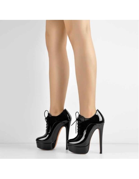 Platform Lace Up Stiletto High Heels Black Patent Leather Ankle Bootie