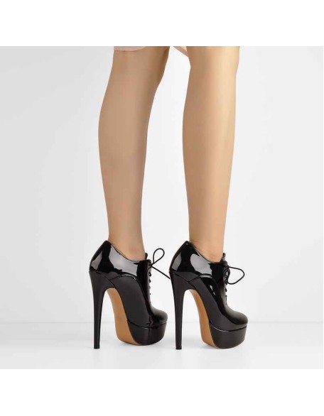 Platform Lace Up Stiletto High Heels Black Patent Leather Ankle Bootie