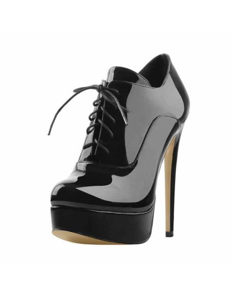 Platform Lace Up Stiletto High Heels Black Patent Leather Ankle Bootie