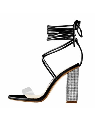 Rhinestone Chunky High Heel Lace up Black Sandals