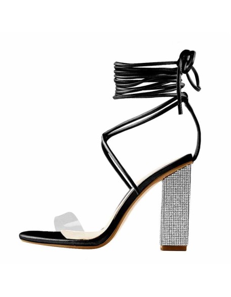 Rhinestone Chunky High Heel Lace up Black Sandals