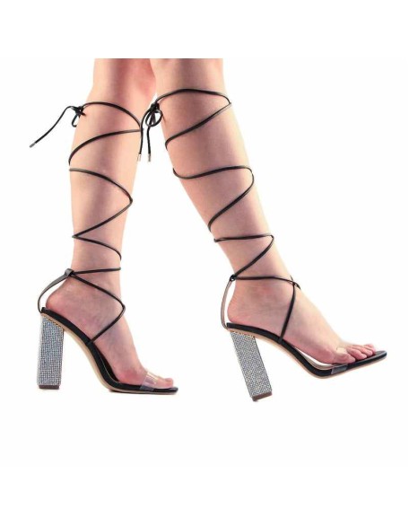 Rhinestone Chunky High Heel Lace up Black Sandals
