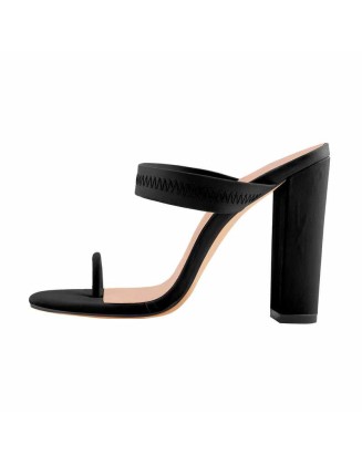 Black Chunky High Heel Mules Toe Ring Sandals