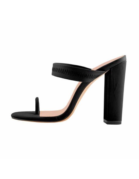 Black Chunky High Heel Mules Toe Ring Sandals