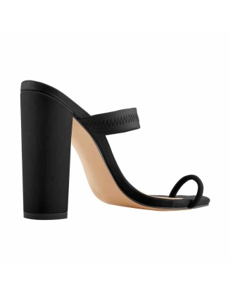 Black Chunky High Heel Mules Toe Ring Sandals