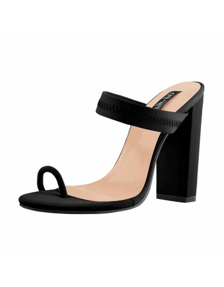 Black Chunky High Heel Mules Toe Ring Sandals