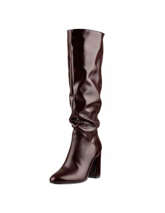 Round Toe Crinkle Mid Calf Chunky Heels Boots