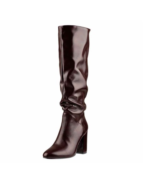 Round Toe Crinkle Mid Calf Chunky Heels Boots