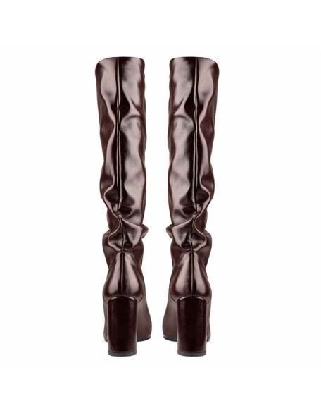 Round Toe Crinkle Mid Calf Chunky Heels Boots