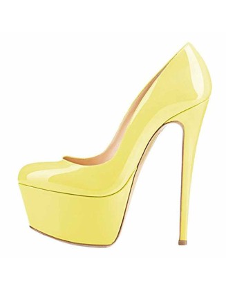 Patent Leather Rounde Toe Platform Yellow Stiletto High Heels Pumps