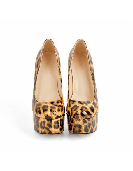 Patent Leather Rounde Toe Platform Leopard Stiletto High Heels Pumps