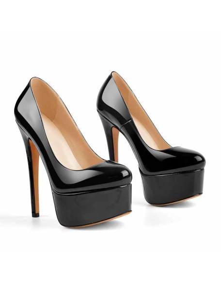 Patent Leather Rounde Toe Platform Black Stiletto High Heels Pumps