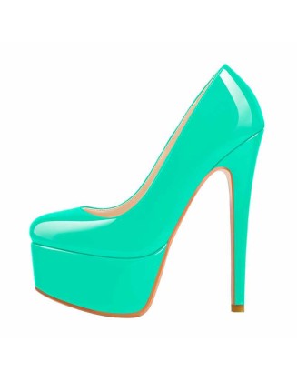Patent Leather Rounde Toe Platform Green Stiletto High Heels Pumps