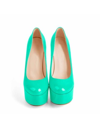 Patent Leather Rounde Toe Platform Green Stiletto High Heels Pumps