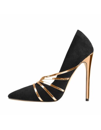 Pointed Toe Black Suede High Heel Gold Stiletto Pumps