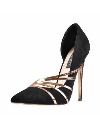 Pointed Toe Black Suede High Heel Gold Stiletto Pumps