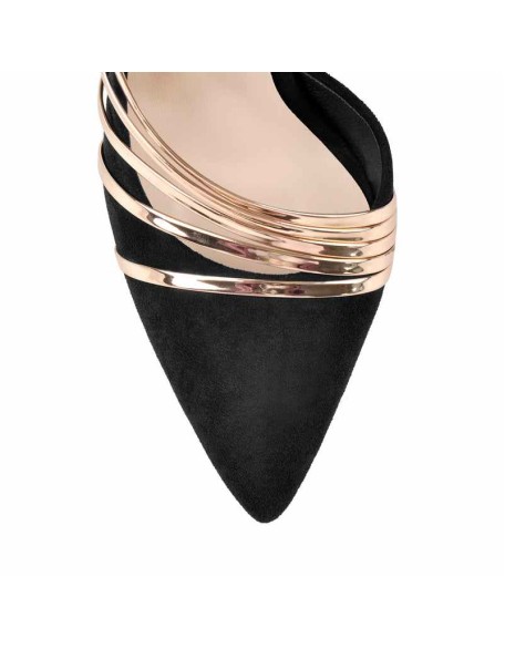 Pointed Toe Black Suede High Heel Gold Stiletto Pumps