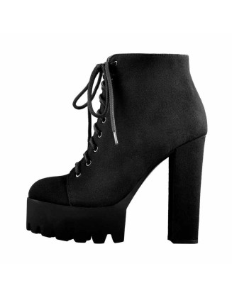 Platform Round Toe Lace Up Chunky High Heels Suede Ankle Boots
