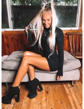 Platform Round Toe Lace Up Chunky High Heels Suede Ankle Boots