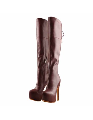 Faux Leather Round Toe Platform High Heels Over The Knee Boots