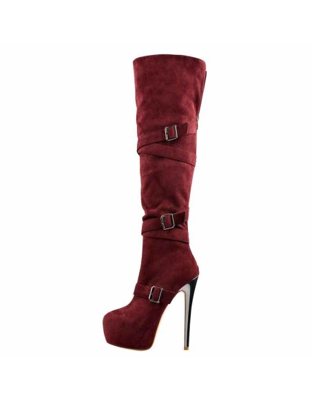 Burgundy Suede Platform Buckle Stiletto Over The Knee High Boots