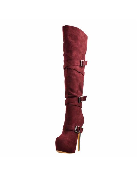 Burgundy Suede Platform Buckle Stiletto Over The Knee High Boots