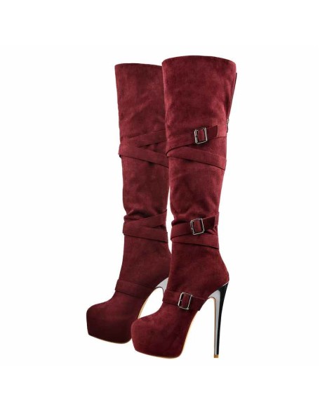 Burgundy Suede Platform Buckle Stiletto Over The Knee High Boots