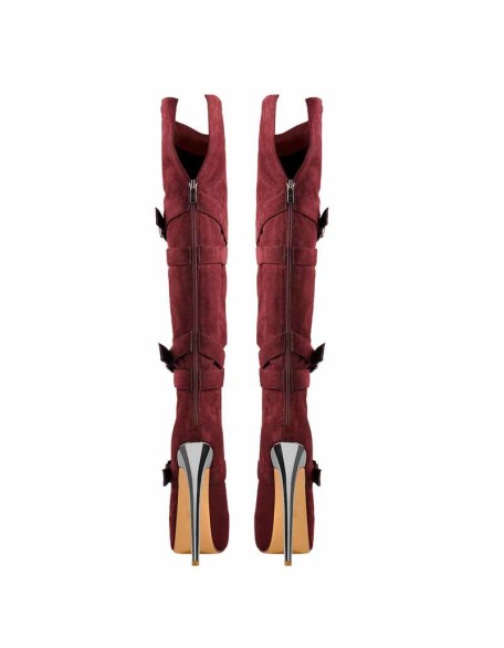 Burgundy Suede Platform Buckle Stiletto Over The Knee High Boots