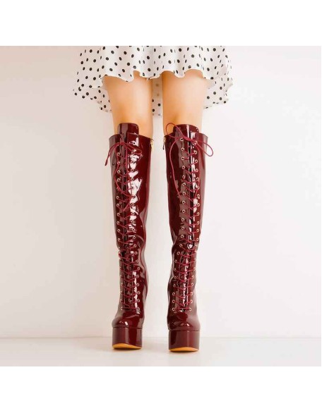 Burgundy Platform Lace-Up Knee High Boot
