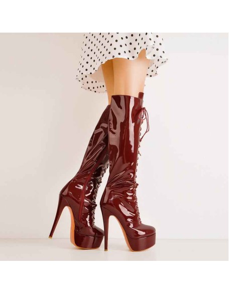 Burgundy Platform Lace-Up Knee High Boot