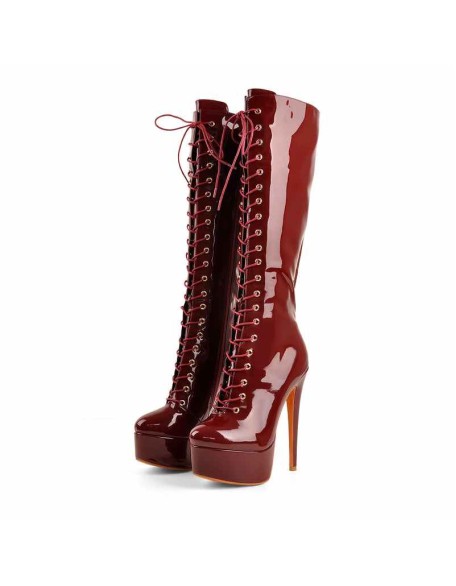 Burgundy Platform Lace-Up Knee High Boot