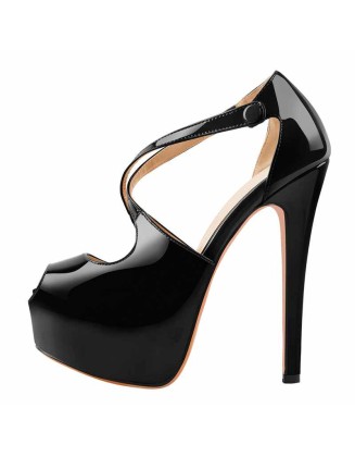 Criss Cross Peep Toe Platform Black High Heels Sandals